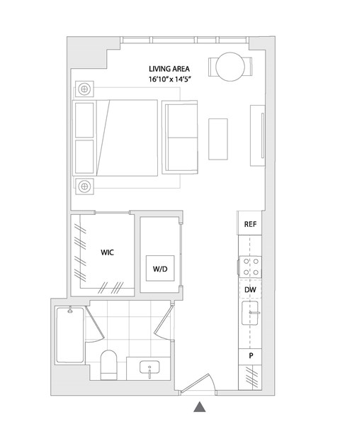 Floor plan for studio, 1 bath, 524 sqft